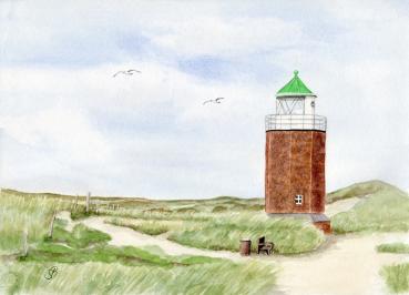 Postkarte DIN-A6  Aquarell Kunst Maritim Druck Kunstdruck Leuchtturm Rotes Kliff Kampen Sylt Nordsee Meer Strand Dünen